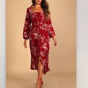 NWT Lulus Total Perfection Burgundy Floral Print Tie-Back Midi Dress SMALL